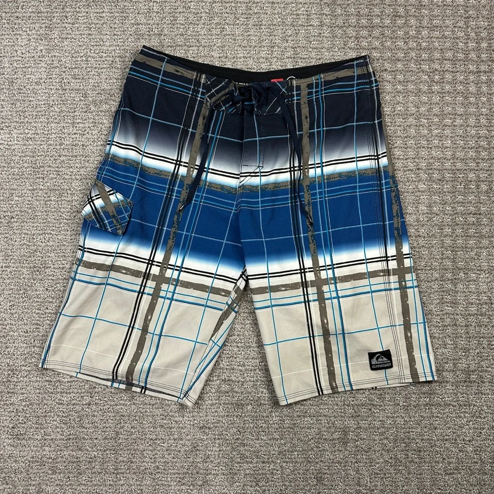 Quiksilver Cypher Series Board Shorts Mens 31 Blue Plaid 4-Way Stretch Q101349